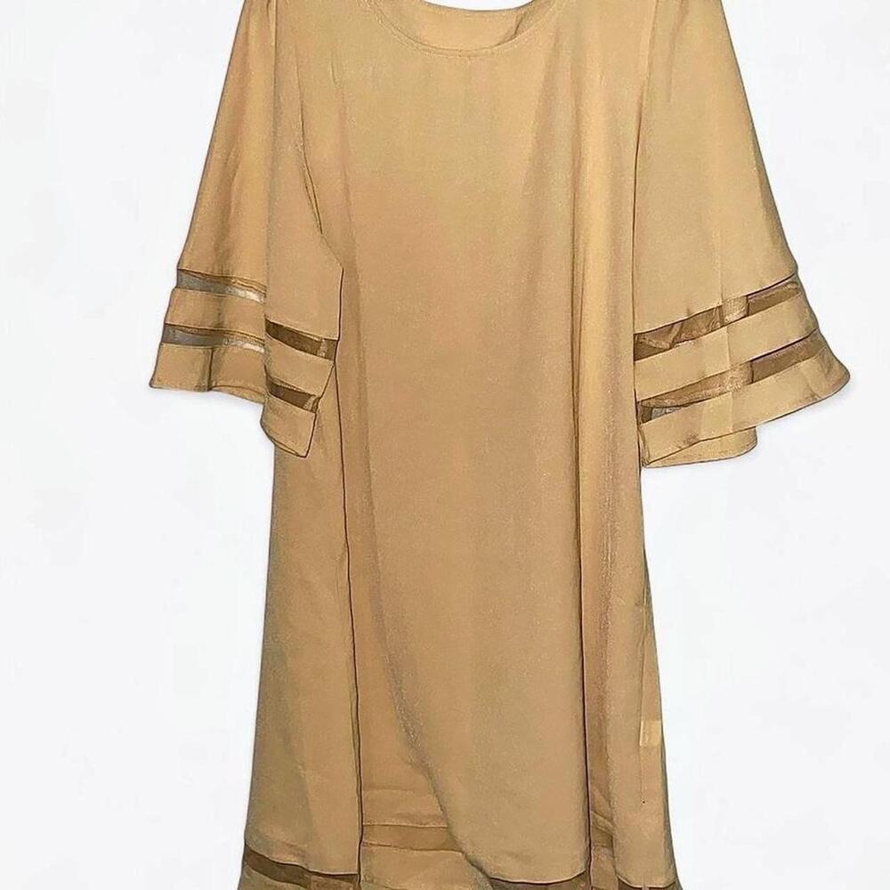 Camel Mesh Panel 3/4 Length Kimono Sleeve Crewneck Tunic Dress - Size L
